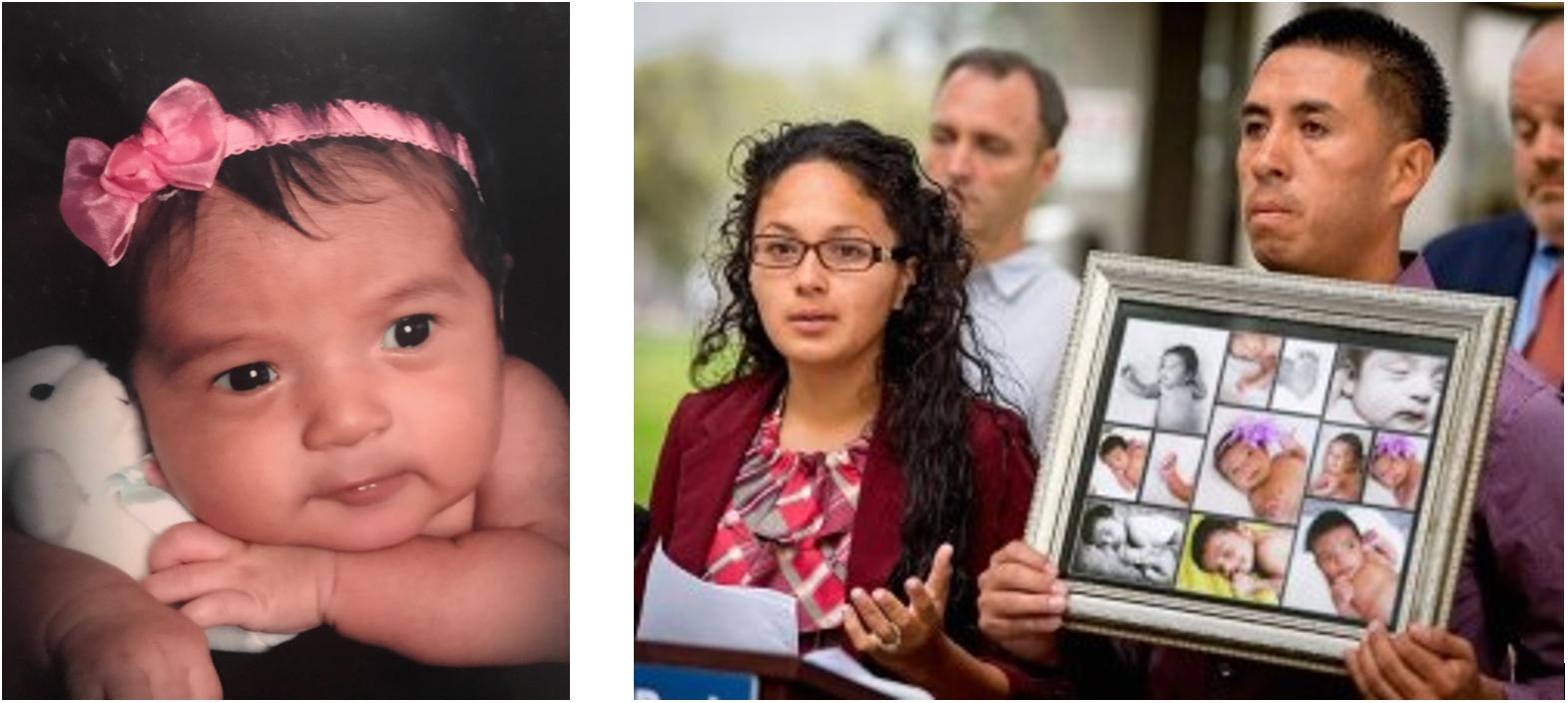Infant Mia with a bow in her hair; Alejandra and Miguel holding a frame of Mia photos.